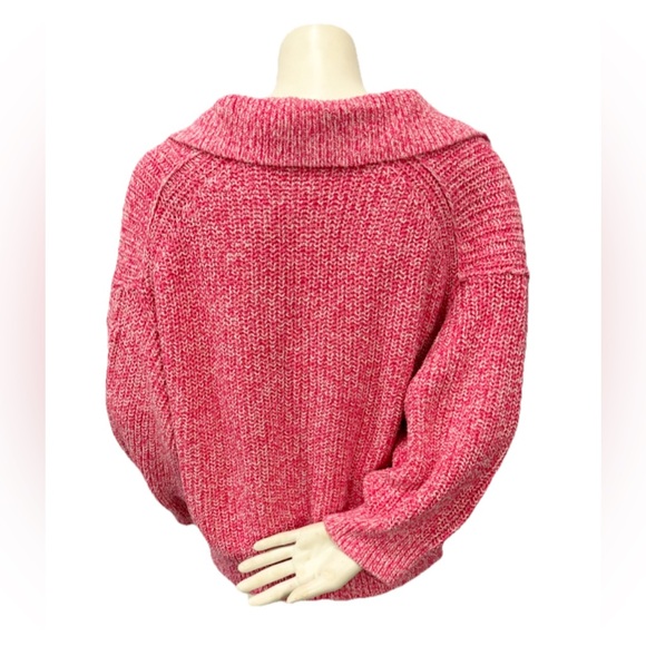 Free People Pink Collared Deep V Sweater L Marled Knit Pullover Boho Top - Picture 3 of 13
